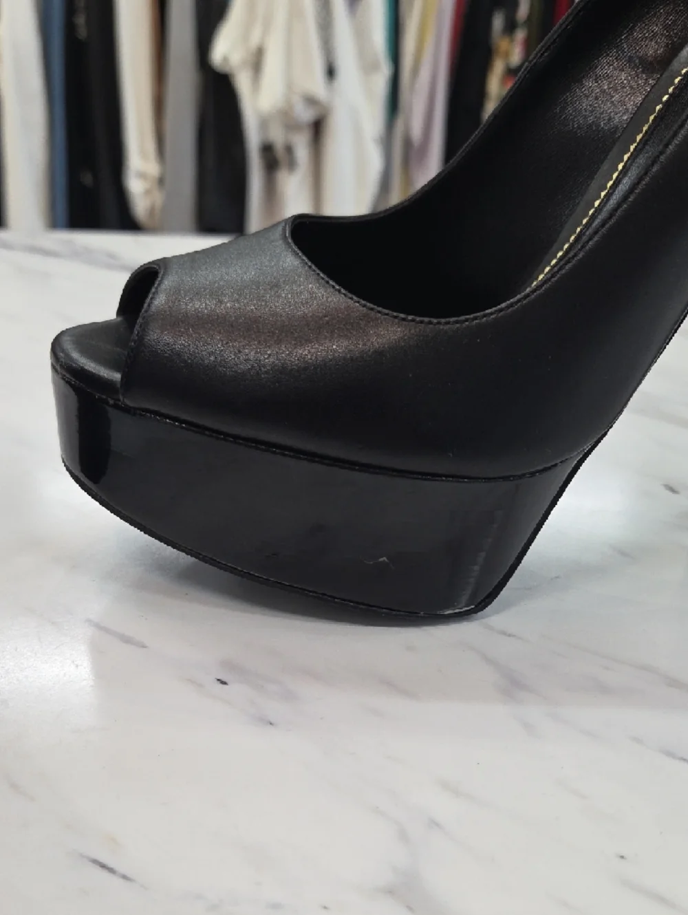 Tom Ford Black Leather Platform Peep-Toe Heels with Gold Buckle